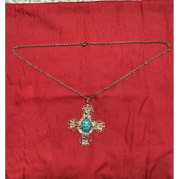 FAUX TURQUOISE BLUE SCARAB PENDANT ANTIQUED SILVER COLOR CROSS NECKLACE 24" - Picture 2 of 4